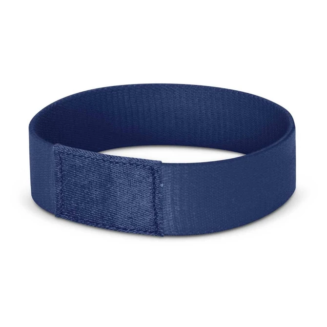 A Dazzler Wrist Band in navy blue, made from durable fabric, featuring a secure fastening for events and exhibitions.