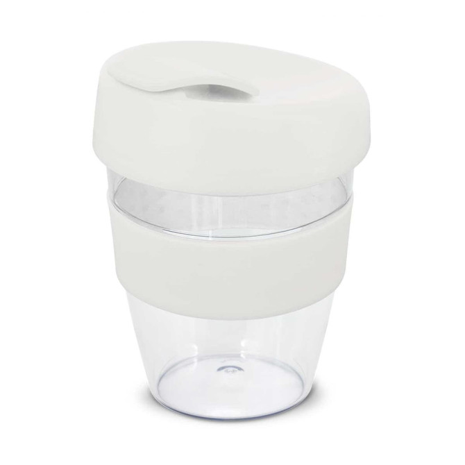 A drink bottle in white and clear, featuring a sleek design and a lid. It has a logo on the surface.