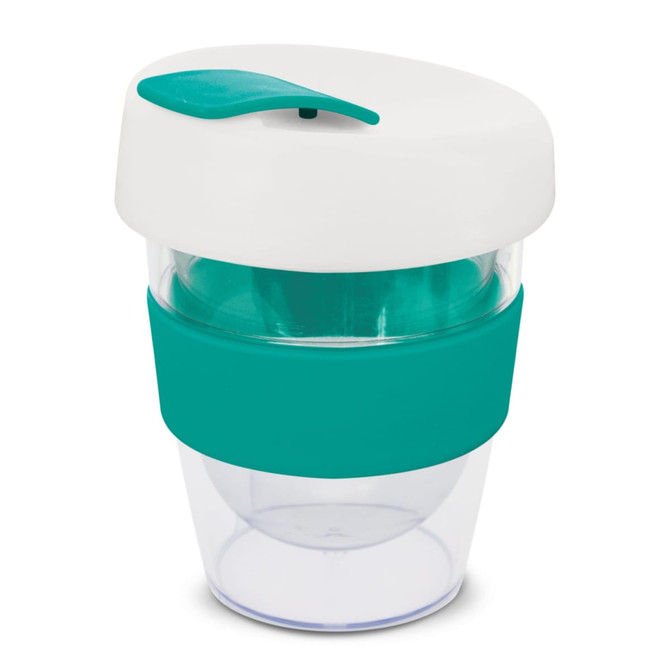 A drink bottle featuring a clear body and a white lid with a teal band. It has a circular shape and a lid opening.