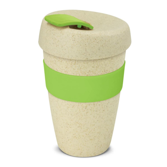 A drink bottle featuring a natural beige base with a green band and lid, showcasing a sleek, eco-friendly design.