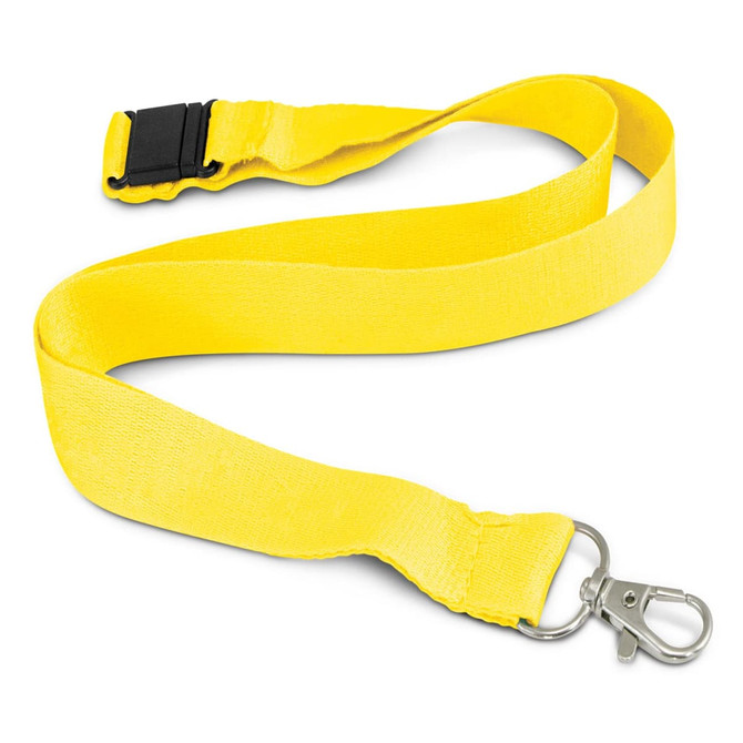 A yellow bamboo lanyard with a silver clip and a breakaway buckle, featuring an attached logo.