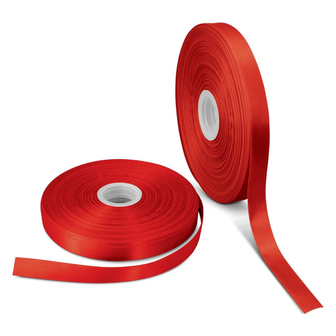 Two rolls of red satin ribbon, 20mm wide, with one roll partially unwound. Each roll has a central spool and features a logo.