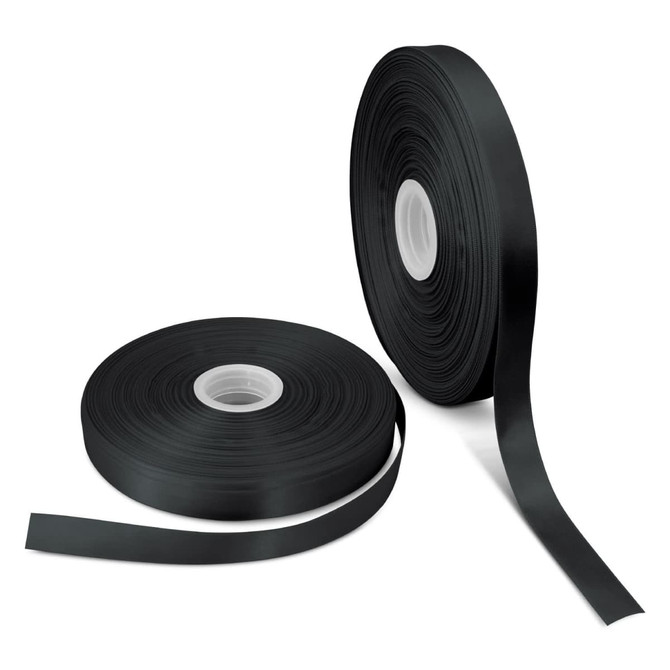 Two rolls of 20mm personalised ribbon in black, displayed side by side, with a smooth finish.