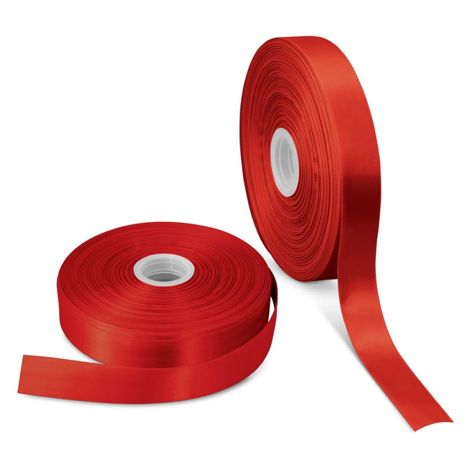Two rolls of shiny red ribbon, one partially unrolled, featuring a smooth finish.