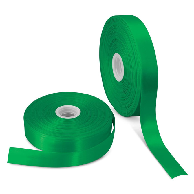 Two rolls of vibrant green 50mm personalised ribbon, showcasing a glossy finish. Each roll is neatly coiled.