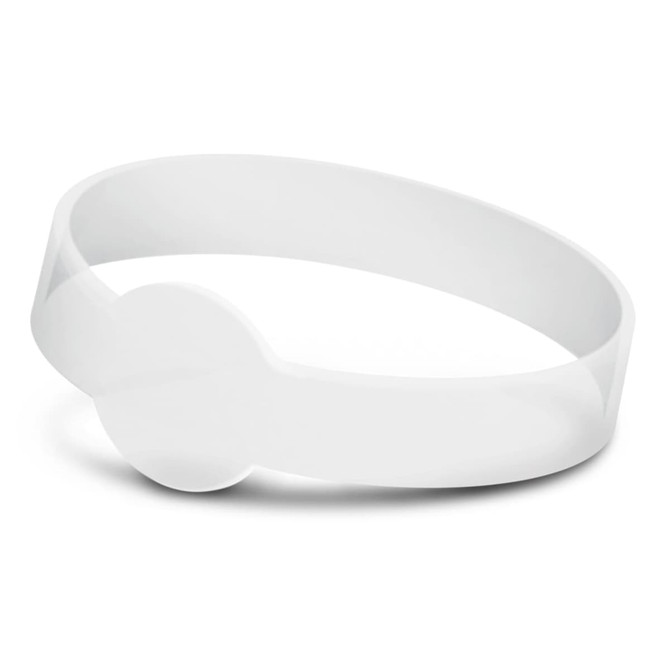 A white silicone wristband with a debossed section and a seamless design. It features a logo.