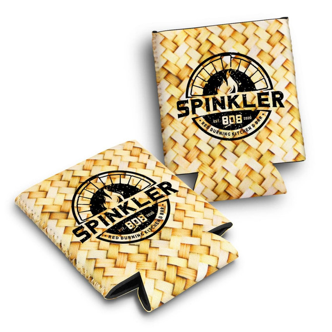 A drink bottle cooler featuring a woven design in beige and brown, with a logo on the front.