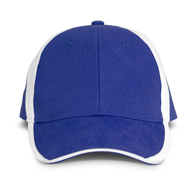 A blue and white cap featuring a structured design and a curved brim, with a logo on the front.