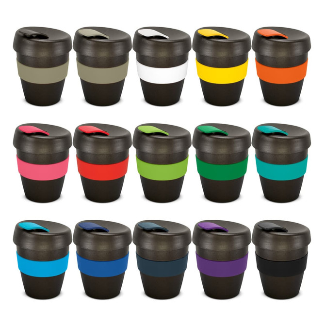 A collection of Express Cup ReGrind drink bottles in various colours with black bases and contrasting lids. Each features a logo.