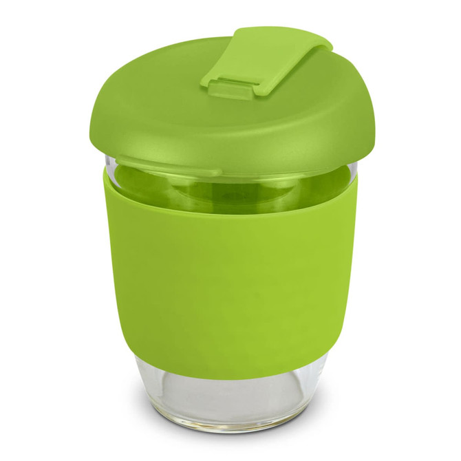 A drink bottle in green with a secure lid and a glass body, featuring a silicone grip and a logo.