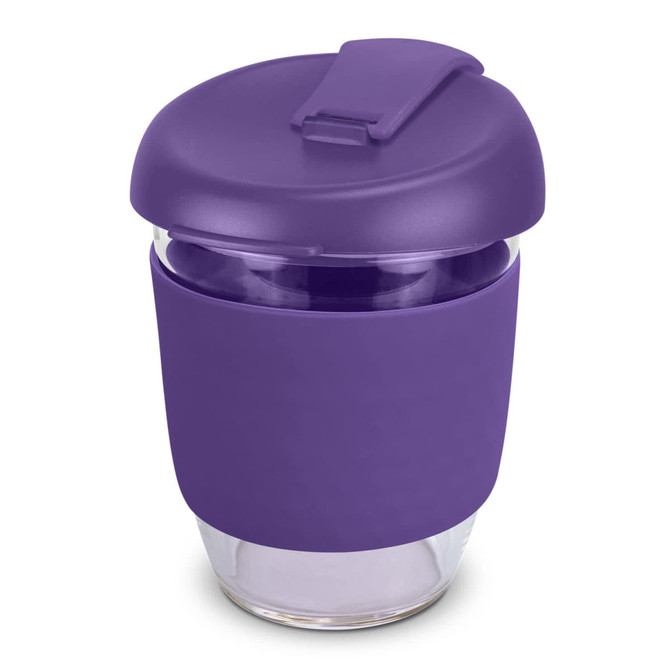 A drink bottle in purple, featuring a silicone sleeve and a matching lid, made from borosilicate glass.