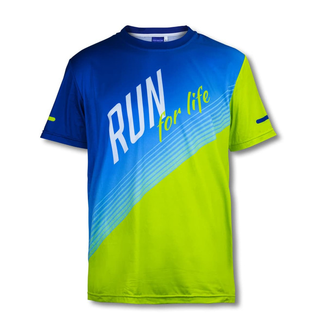 A custom men's sports T-shirt featuring a blue and green design with the words "RUN for life" and a logo.