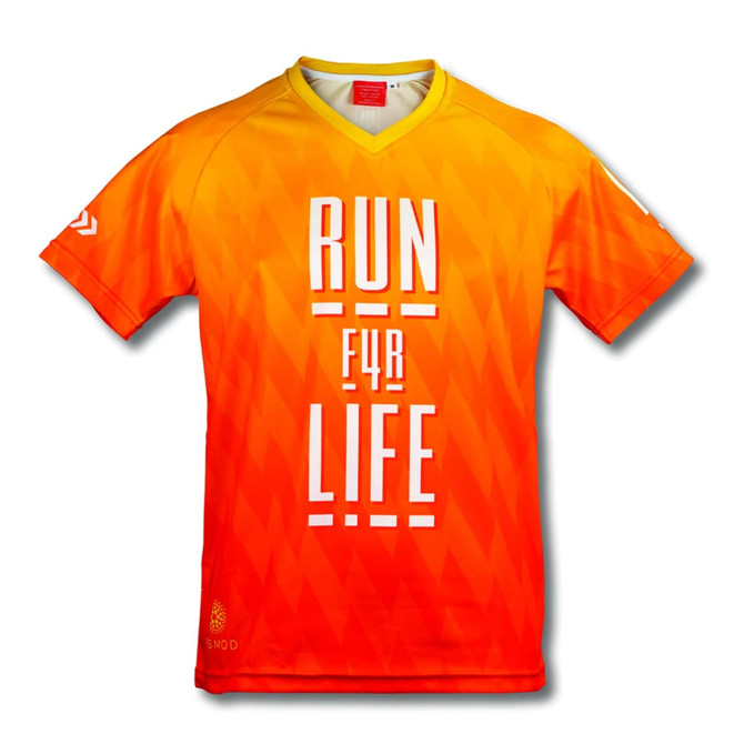 A vibrant orange and yellow performance V-neck T-shirt with a logo and bold text design.