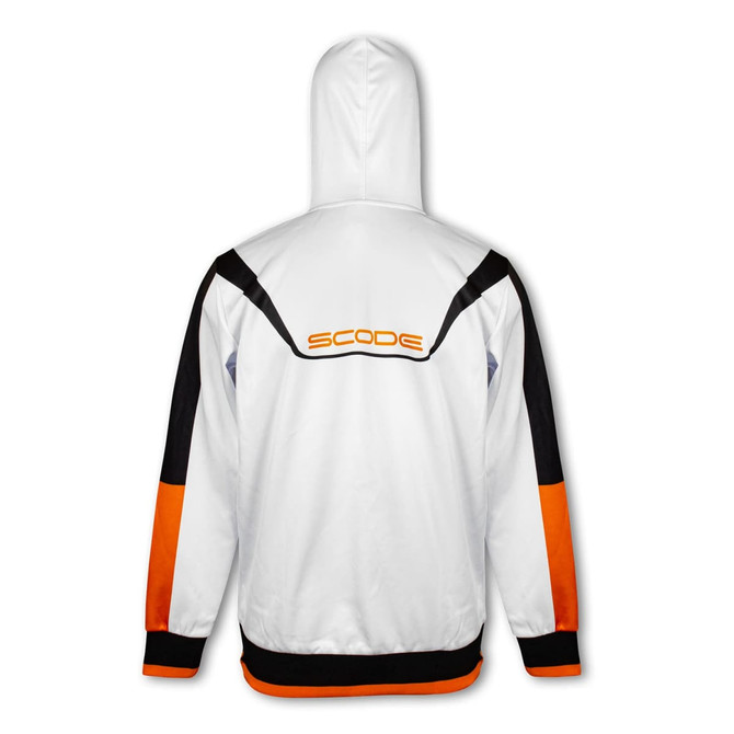A white and orange men's sports hoodie featuring black accents and a logo on the back.