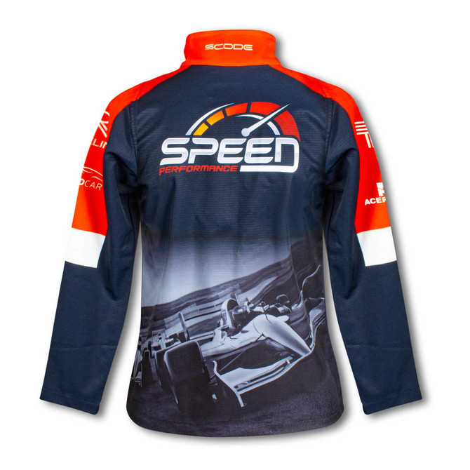 A navy and red women's premium softshell jacket with a logo and racing-themed graphic on the back.