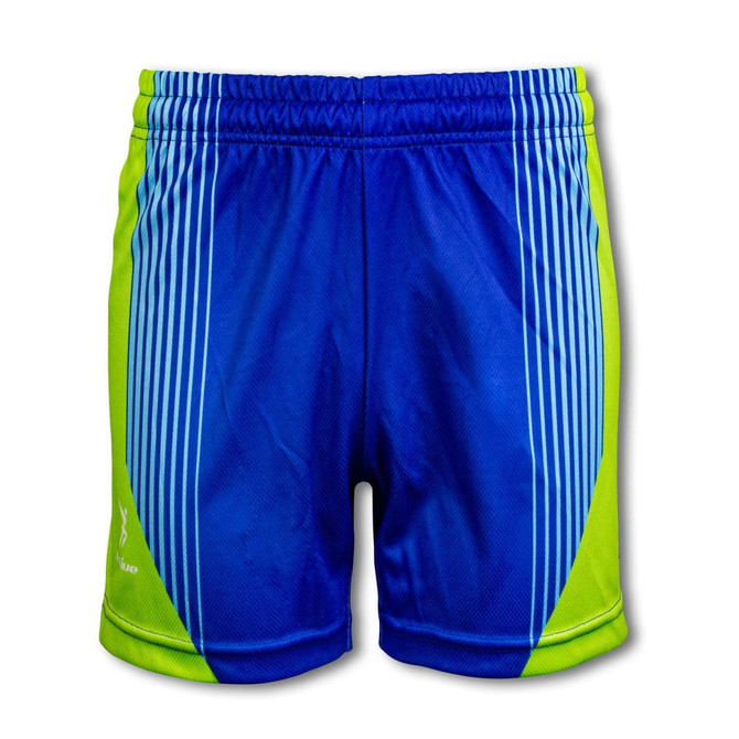 Custom women's sports shorts in blue and green with a logo and vertical stripe design.