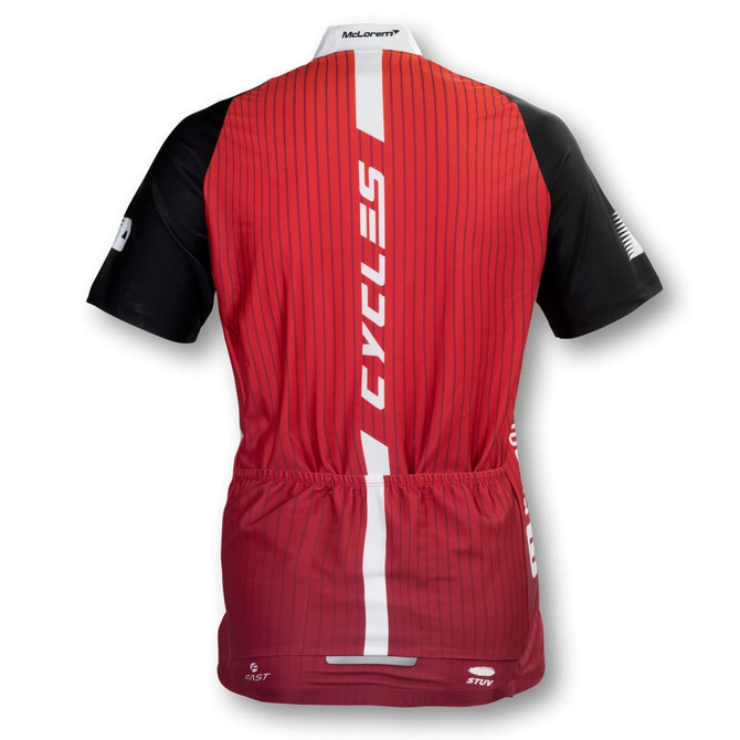 A red and black custom men's cycling top featuring vertical stripes and a logo on the back.