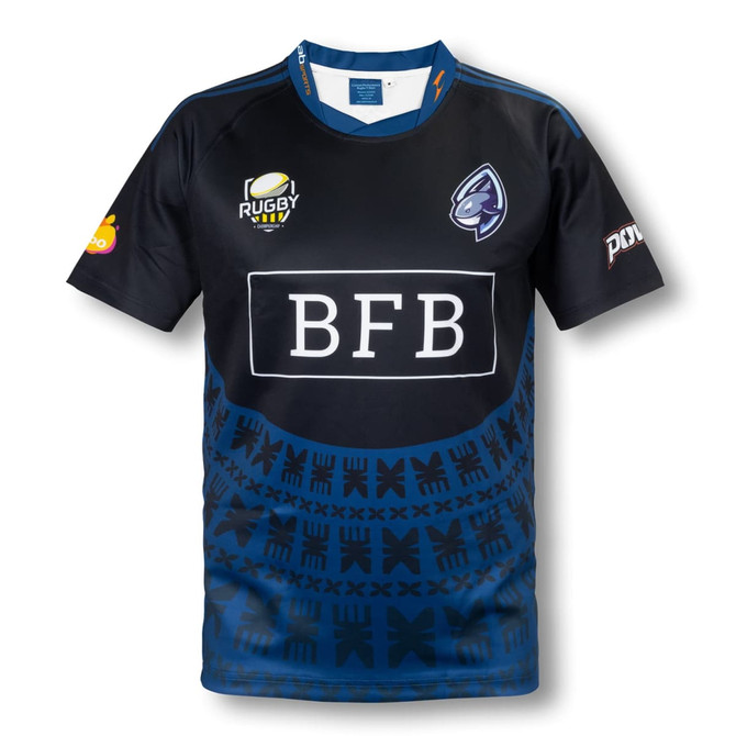 A black and blue custom men's rugby performance t-shirt featuring various logos and a distinctive design pattern.
