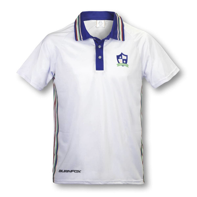 A white men's tennis top featuring a collar, colourful stripes, and a logo on the chest.