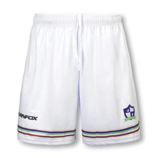 White men's tennis shorts with an elastic waistband and coloured stripes, featuring a logo on the left leg.
