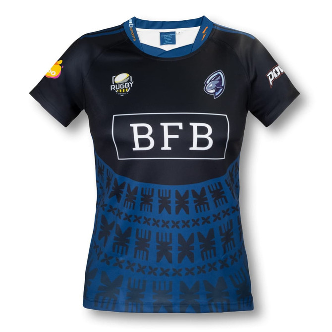 A women's performance rugby t-shirt in black and blue, featuring a logo and unique patterned design.