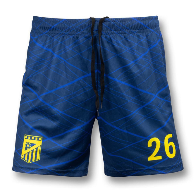 Custom women's soccer shorts in dark blue with a pattern and a logo, featuring a yellow number 26.