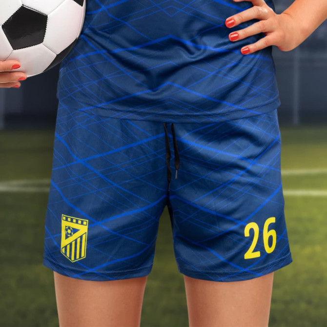 Custom women's soccer shorts in blue, featuring a logo and number 26 printed on the side.