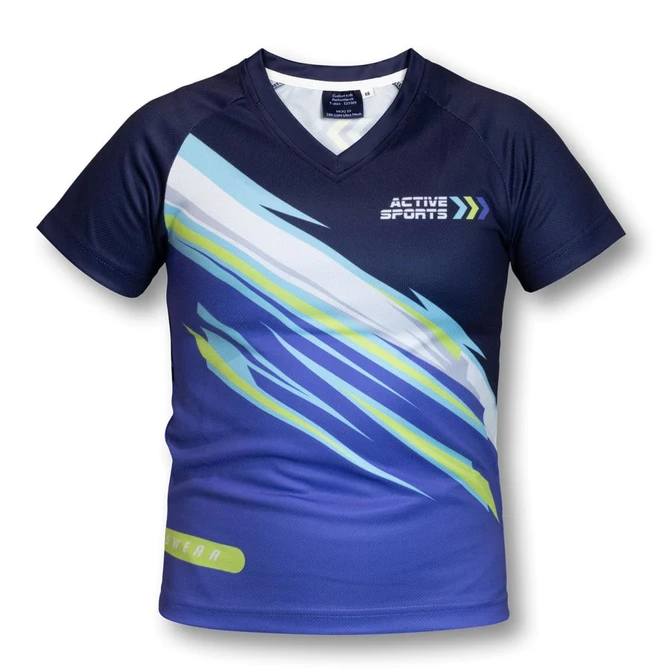 A custom kids performance T-shirt in navy blue with a vibrant design featuring blue and green stripes. It includes a logo.