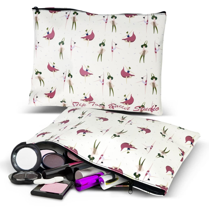 A large floral cosmetic bag with a zip closure, featuring various make-up items and a logo. Predominantly white with pink accents.