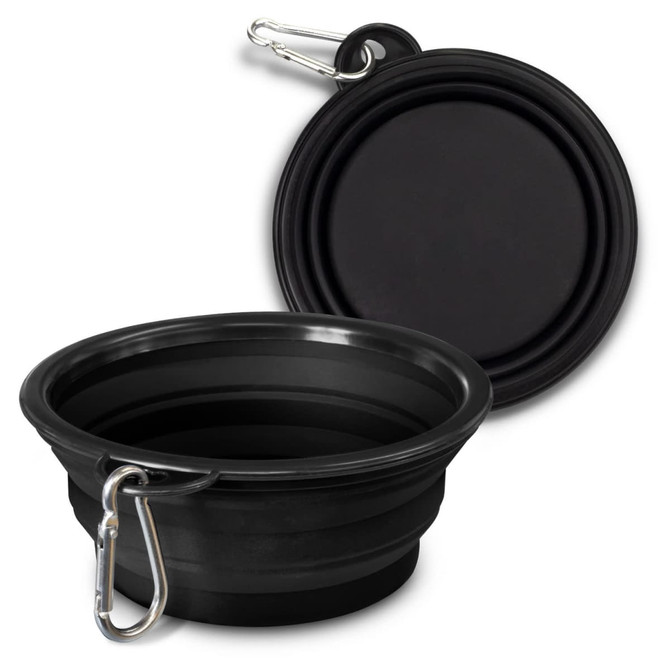 A black silicone collapsible pet bowl with a carabiner clip. The bowl is shown both expanded and collapsed.