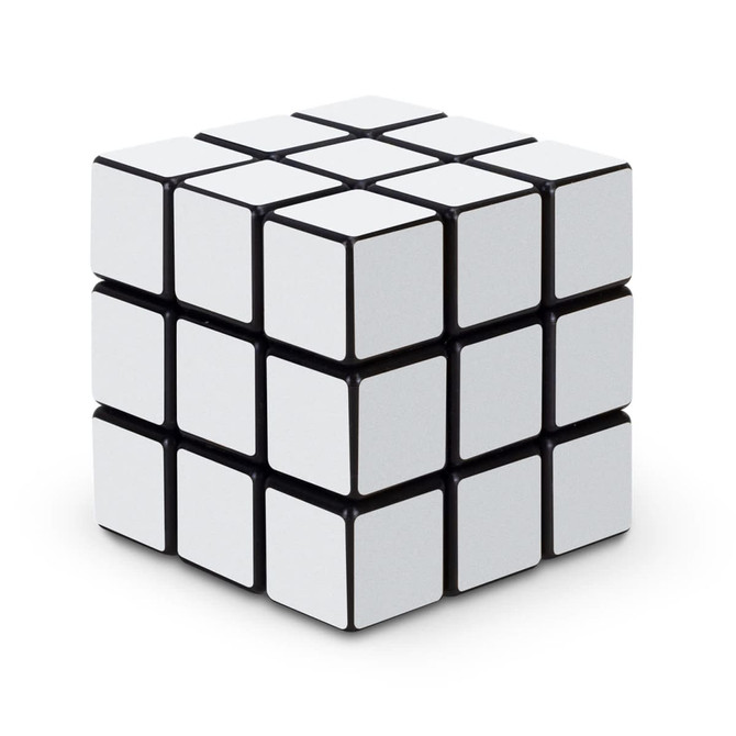 A custom puzzle cube in black and white, featuring a smooth, sleek surface with no visible designs or logos.