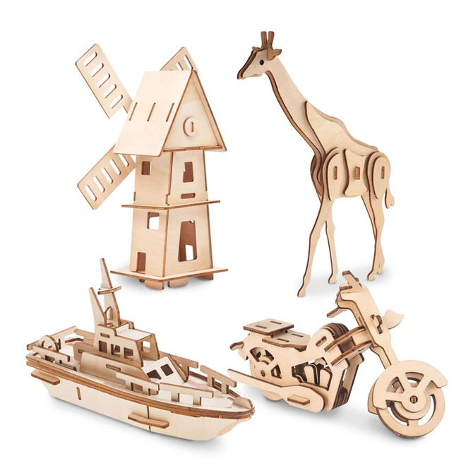 A collection of wooden novelty items including a windmill, giraffe, boat, and motorcycle model kits.