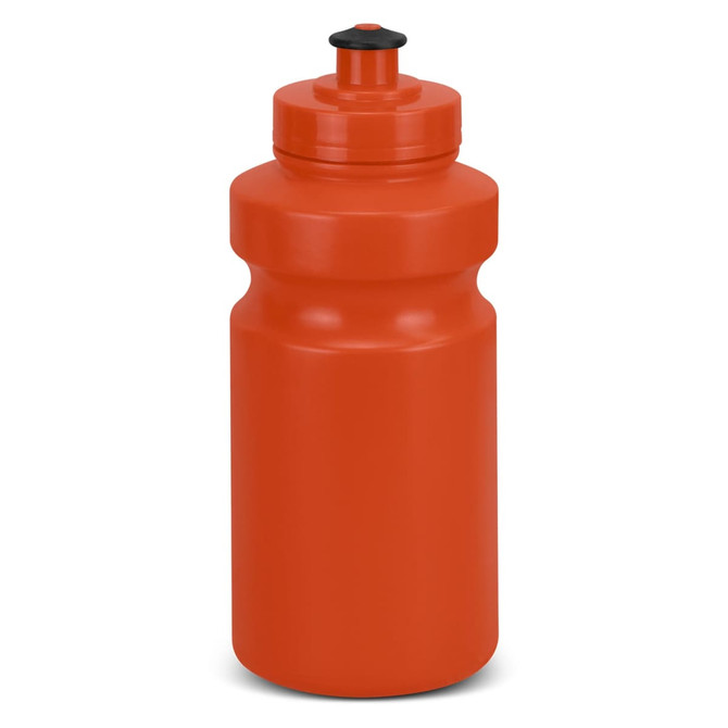 A drink bottle in bright orange with a black lid, featuring a simple, rounded design and a logo.