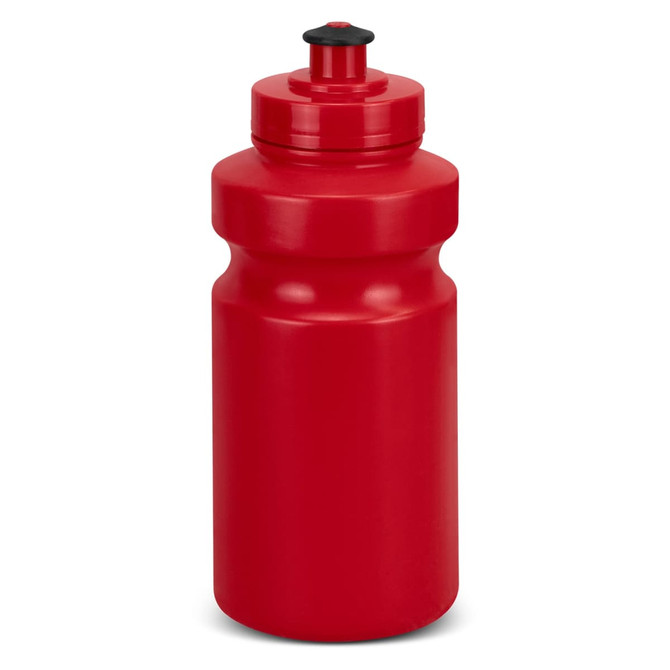 A red drink bottle with a black lid, featuring a simple design and a rounded body for easy grip.