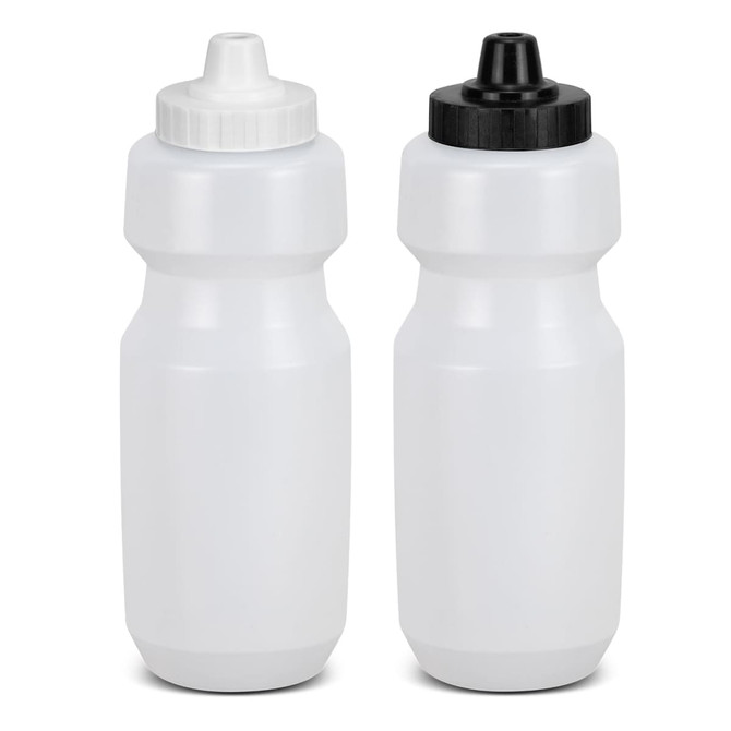 A drink bottle in white and black, featuring a sleek, minimalist design with caps ready for use.