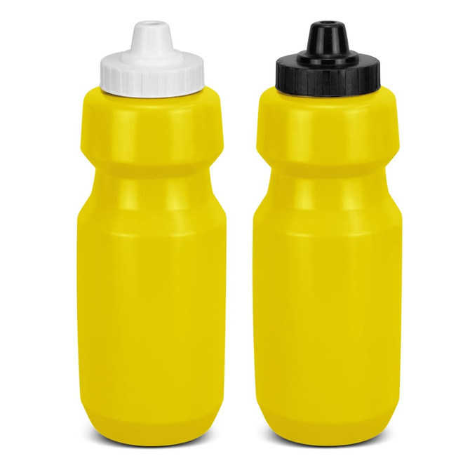 A drink bottle set featuring two bright yellow bottles with black and white lids. Each bottle has a logo.
