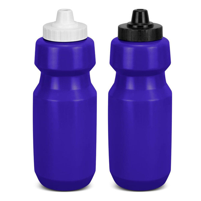 A drink bottle set in vibrant purple, featuring white and black caps, with a simple design and a logo.
