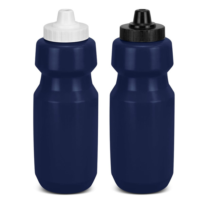 A drink bottle in navy blue featuring two different cap colours, one white and one black, with a sleek design.
