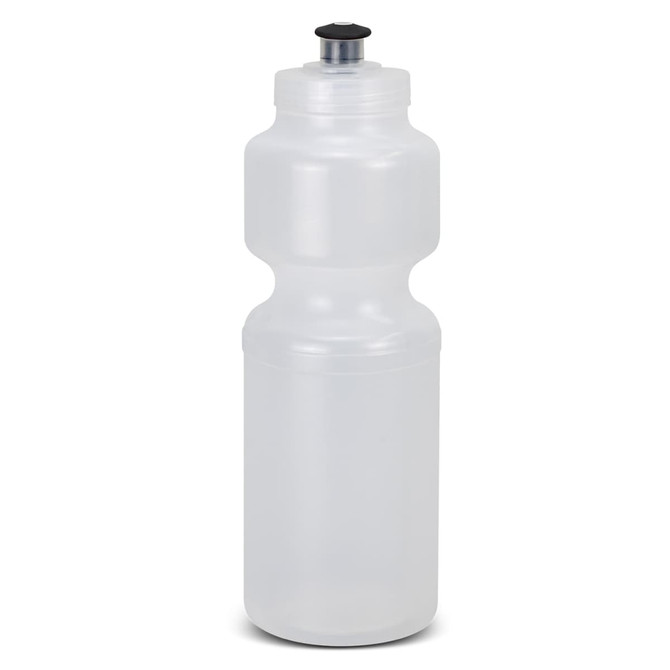 A drink bottle in clear plastic with a black nozzle cap and an ergonomic shape for comfortable handling.