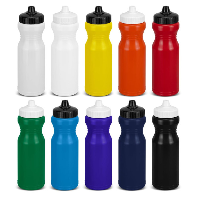 A drink bottle collection featuring white, red, orange, yellow, green, blue, black, and purple bottles with black caps.