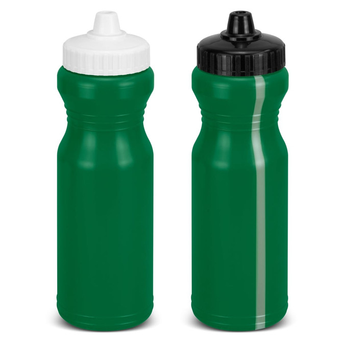 A drink bottle, green in colour, with one sporting a white cap and the other a black cap. Both feature a logo.