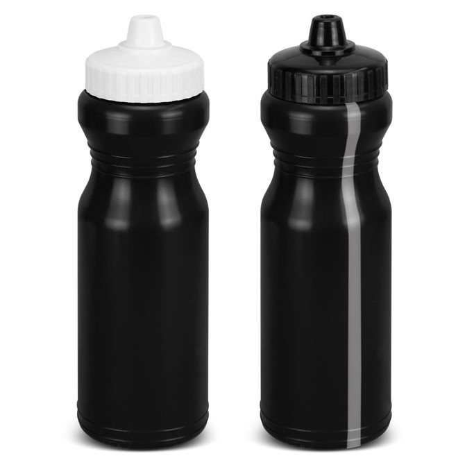 A drink bottle set featuring two black bottles, one with a white cap and the other with a black cap. Each has a logo.