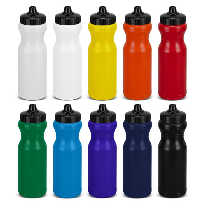 A drink bottle collection featuring twelve bottles in white, red, yellow, orange, blue, green, and black, with black lids.
