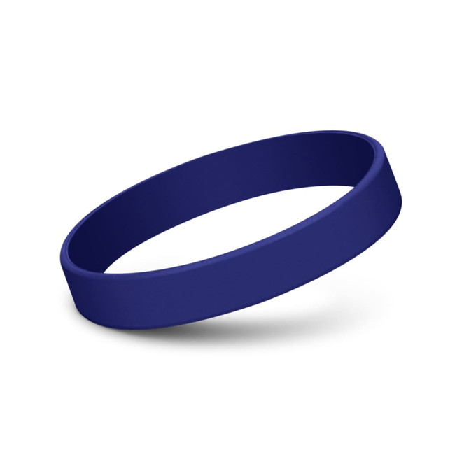A blue silicone wristband with a smooth finish and circular design. It features a logo.