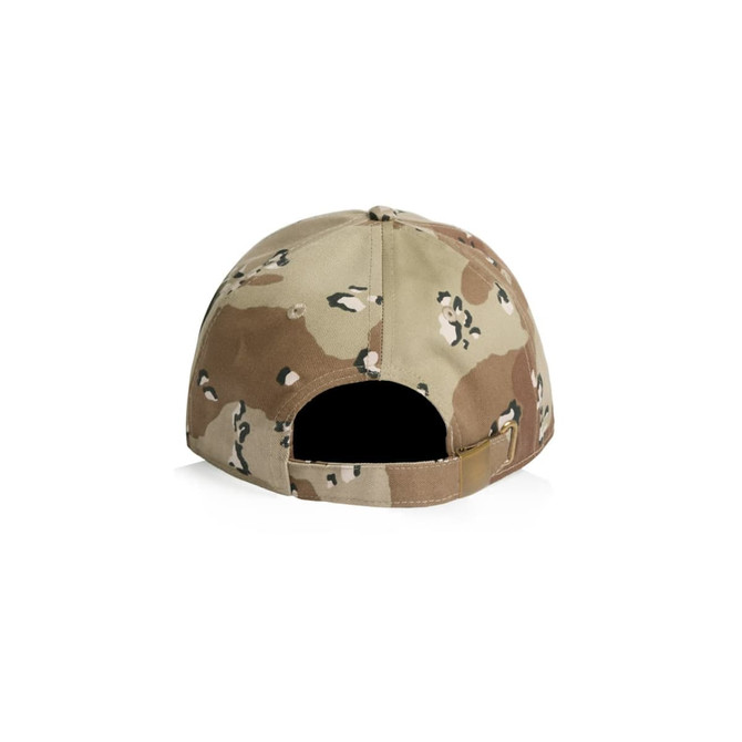 A camouflage cap featuring a varied tan and green pattern, with a logo on the back and an adjustable strap.