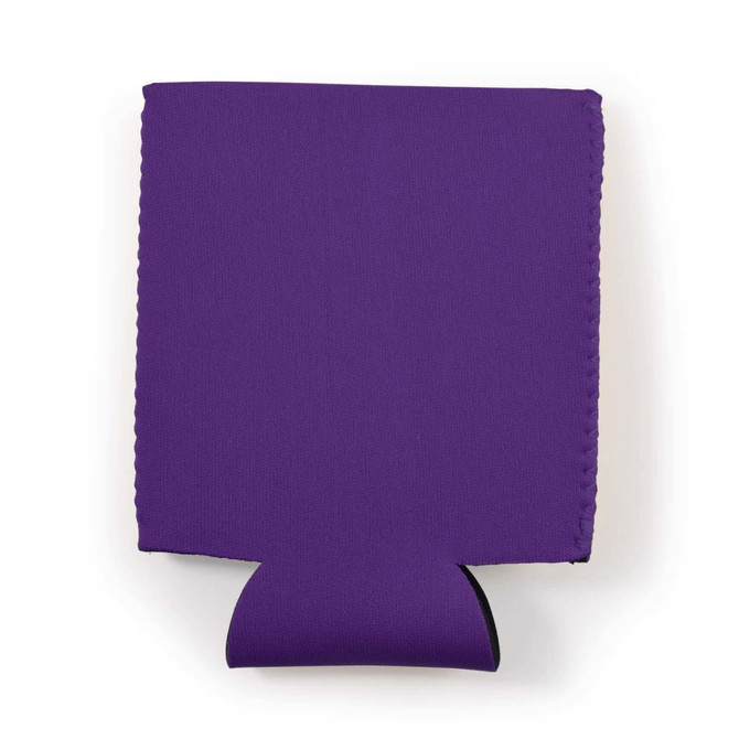 A drink bottle cooler in vibrant purple fabric, featuring a bottom flap and a logo branding.