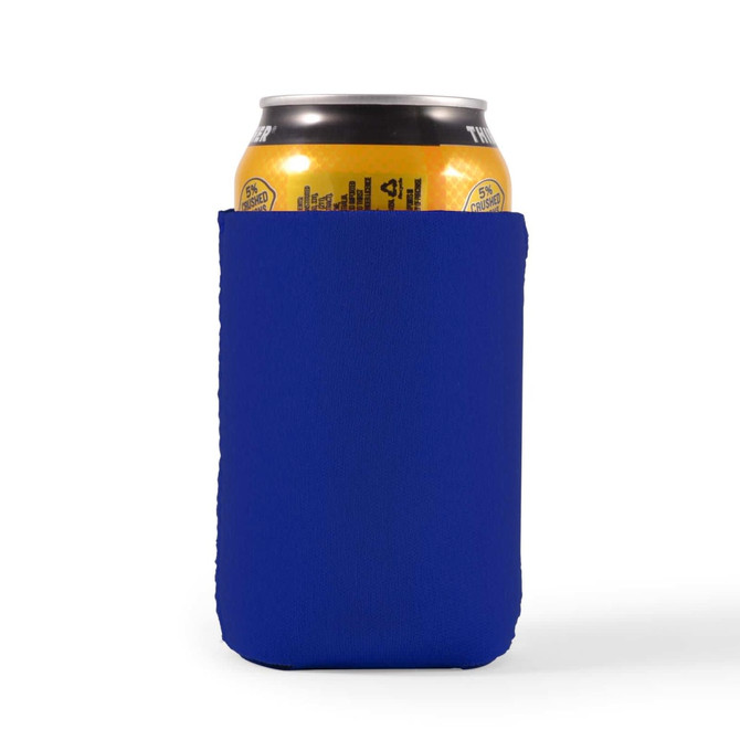 A drink can is wrapped in a blue stubby cooler, designed to keep beverages cold.