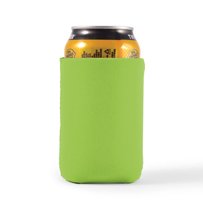 A bright green stubby holder designed to fit standard drink cans, featuring a logo.