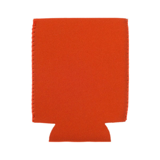 An orange stubby cooler with a bottom cut-out, featuring a simple design and stitched edges.