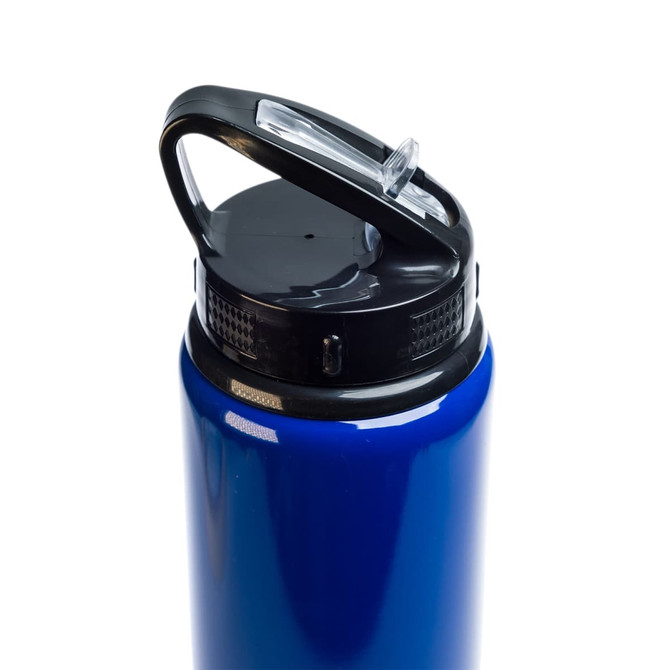 A drink bottle with a blue body and a black flip straw lid, featuring a handle on top.